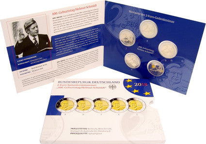 Allemagne 5 x 2 euros 2018 Pièce de monnaie Belle Épreuve - Helmut Schmidt sous pochette