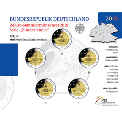 Allemagne - Lot de 5 pièces de 2 euros 2018 en état neuf - Château de Charlottenburg (dans son étui)