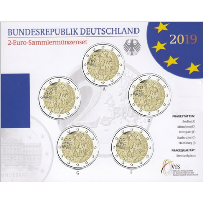 Allemagne - Lot de 5 pièces de 2 euros (2019) en état neuf - commémoration des 30 ans de la chute du mur de Berlin (dans un étui)