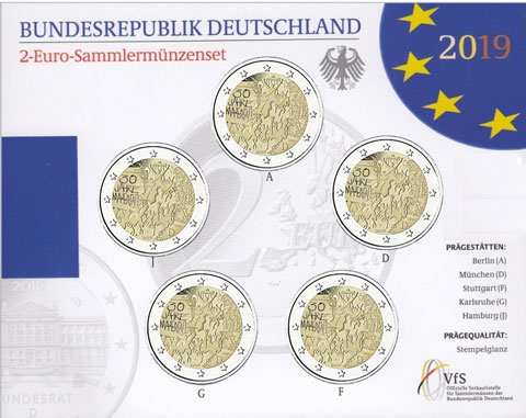 Allemagne - Lot de 5 pièces de 2 euros (2019) en état neuf - commémoration des 30 ans de la chute du mur de Berlin (dans un étui)