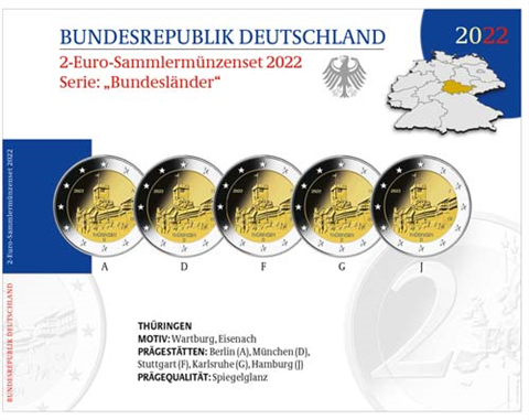 Allemagne 5 x 2 Euro 2022 PP – Wartburg Eisenach dans le dossier