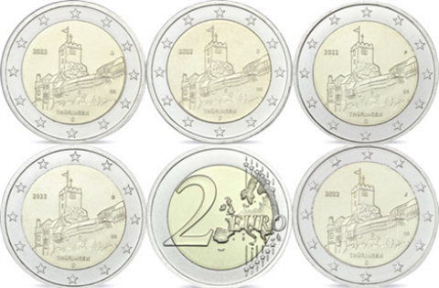 Allemagne 5 x 2 Euro 2022 – Wartburg Eisenach – Marque d'atelier ADFGJ