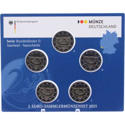 Allemagne 5 x 2 Euro 2025 Stgl. Sarre - Saarschleife Ensemble complet dans un dossier