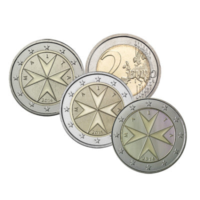 Pièces de circulation de Malte (3 x 2 euros), années : 2014, 2015 et 2016, croix de Malte