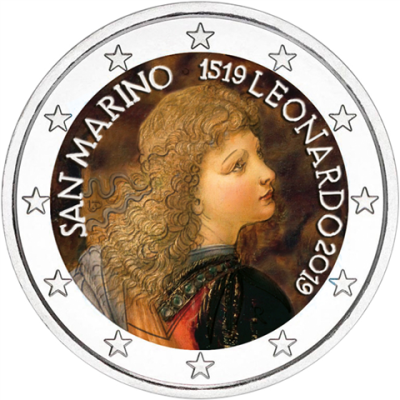 Pièce de 2 euros de Saint-Marin 2019, frappée en couleur : 500e anniversaire de la mort de Léonard de Vinci