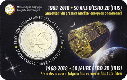 Belgique 2 Euros 2018 Carte de pièce Satellite de recherche ESRO-2B