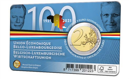 Belgique 2 euros 2021 CoinCard Union économique avec le Luxembourg