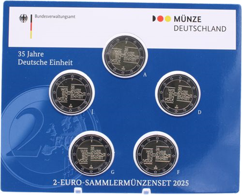 Pièces de 2 euros allemandes, non circulées, 2025, Unité allemande, marques d'atelier A-D-F-G-J