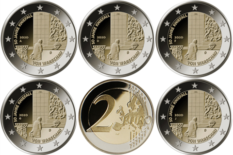 Allemagne 5 x 2 Euro 2020 PP Varsovie Pièces à genoux Mzz. A - J dans un étui