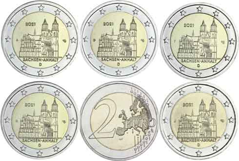 Allemagne 5 x 2 euros 2021 – Cathédrale de Magdebourg – Marque d'atelier ADFGJ
