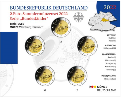 Allemagne 5 x 2 Euro 2022 Monnaies d'État de la Monnaie – Wartburg Eisenach dans un dossier