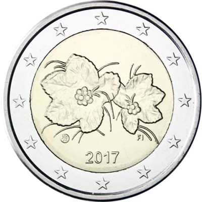 Pièce de 2 euros finlandaise de 2017, en circulation, à l'effigie de la mûre arctique.