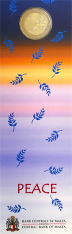 Pièce commémorative de 2 euros de Malte (2017), symbole de la paix, avec marque d'atelier « Corne d'abondance », sous étui.