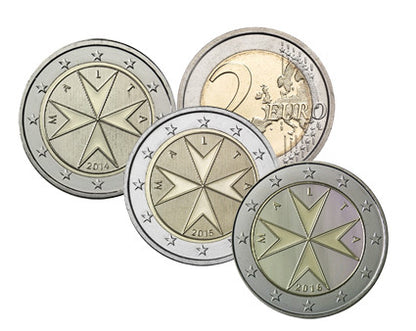 Pièces de circulation de Malte (3 x 2 euros), années : 2014, 2015 et 2016, croix de Malte