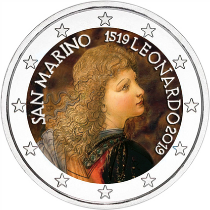 Pièce de 2 euros de Saint-Marin 2019, frappée en couleur : 500e anniversaire de la mort de Léonard de Vinci